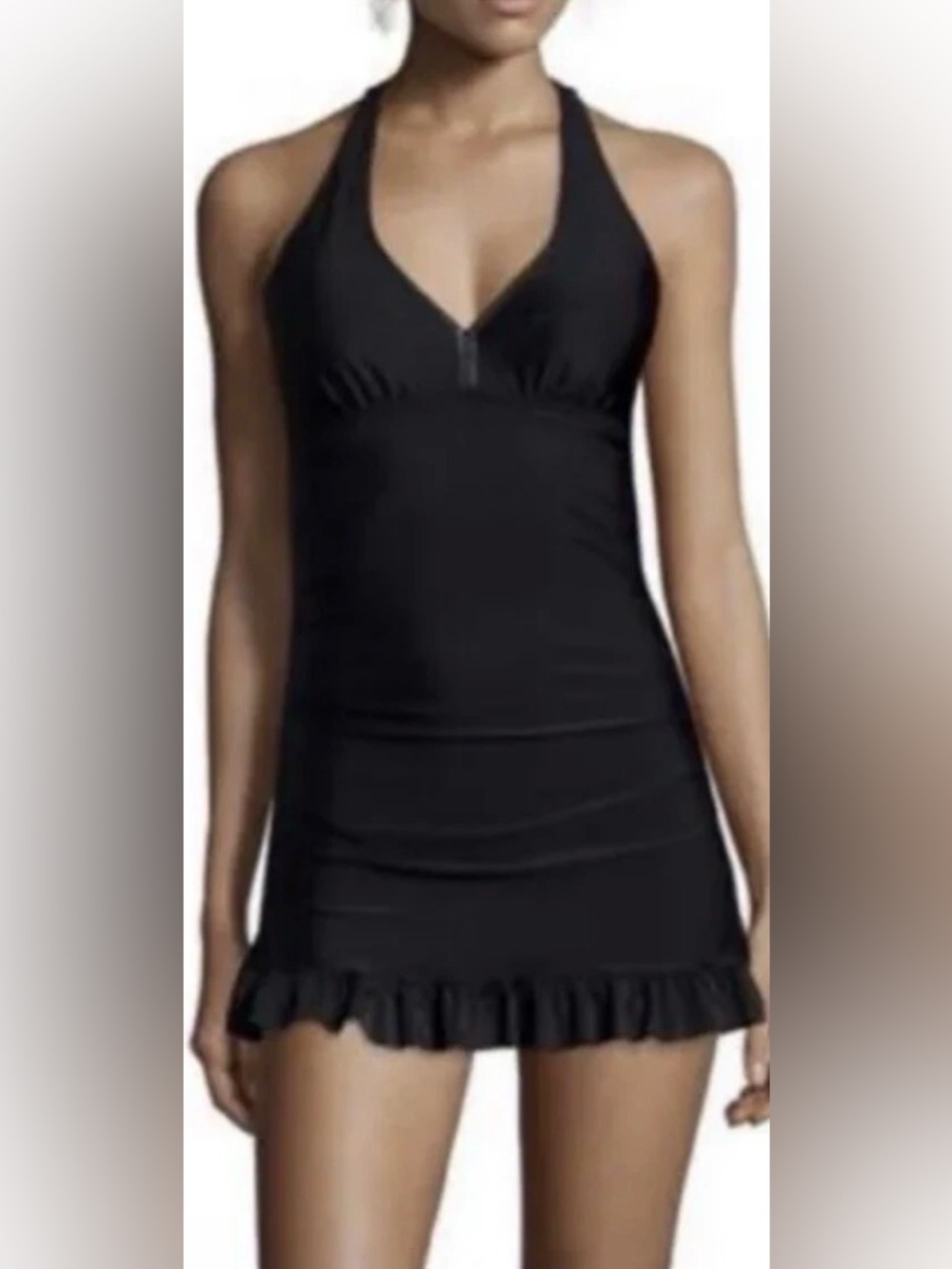 Spanx Assets by Sara Blakely One Piece Black Ruffle Halter Swim Dress‎ M